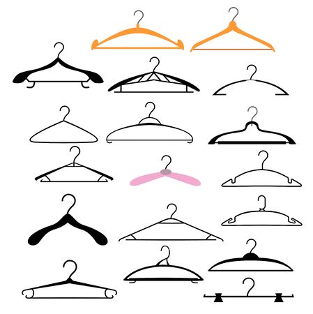 Clothes hangers set. Coat and dress hanger set isolated on white background. Colorful wood metal empty fashion clothing hooks.のイラスト素材