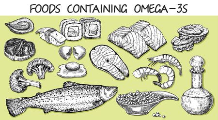 Foods Containing Omega-3s. Healthy lifestyle. Balanced diet. Healthy heart and cardiovascular system. Basics of healthy nutrition. Food on a light background. Fish, caviar, broccoli, butter, nuts.のイラスト素材