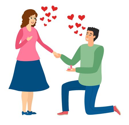 An offer of marriage. Man proposes a woman to marry him and gives an engagement ring. Couple in love. Vector illustration in cartoon styleのイラスト素材