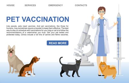 Pet care vector banner template. Pet vaccination landing page. Veterinarian dogs cat characters. Pet vaccination in a veterinary clinic.のイラスト素材