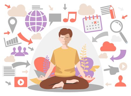 Personal space concept. Man introvert. Meditation, calm flat male character, vector illustration. Information overload concept. Dome filter protects the man from unnecessary information.のイラスト素材