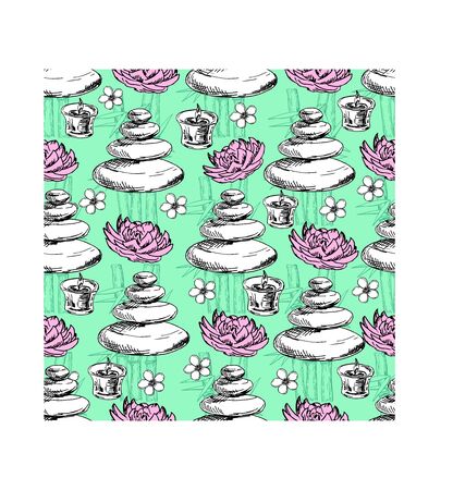 SPA seamless pattern with vector line icons. vector background - herbal flavors, stone massage, scented candles, flower aromas. Backdrop for spa salon, physiotherapy clinic.のイラスト素材