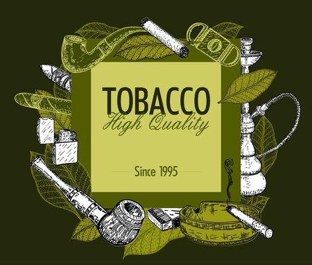 Hand drawn posters with tobacco and smoking collection. Sketch background with cigarettes, cigars, hookah, tobacco leaves, pipes.のイラスト素材
