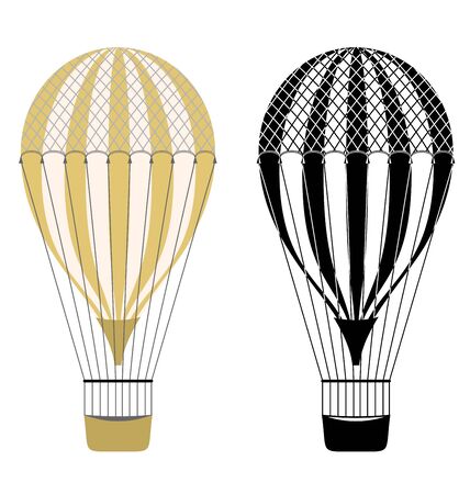 Cartoon color and black and white air balloons. Hot air balloons. Aerostat isolated on white background. Aerostat flight transport, air balloon, ballooning journey illustrationのイラスト素材