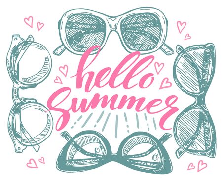 Fashion sketch Sunglasses illustration with text hello summer. Vector design. Artistic sketch drawing. Creative ink art work.のイラスト素材