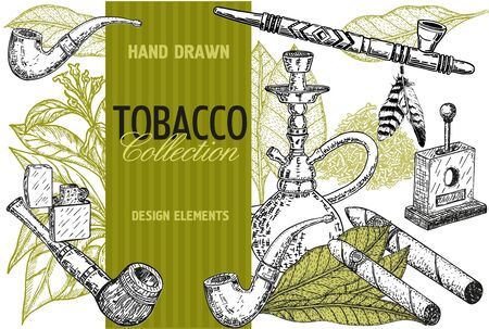 Hand drawn posters with tobacco and smoking collection. Hand drawn cigars, hookah, matches, tobacco leaves, Pipe and smoking accessories.のイラスト素材