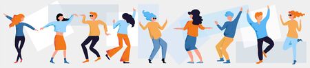 Vector dancing people illustration. Funny dancing man and woman cartoon icons set. Young men and women enjoying dance party. Dance school class.のイラスト素材