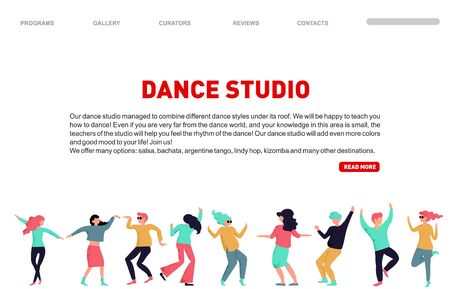 Dance studio landing page. Vector dancing people illustration. Dancing studio rehearsal. Young men and women attending dancing classes. Dance school class, landing pageのイラスト素材