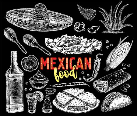 Mexican food background with traditional spicy meal and chalkboard hat vector illustration. Hand sketch vector illustration. Vintage Mexico cuisine set.のイラスト素材