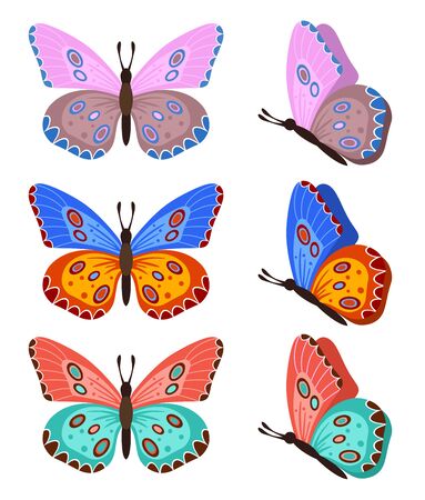 Butterflies isolated on white background. Colored butterflies. Pretty vector butterfly set with spring palette for childのイラスト素材