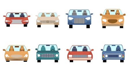 Car front view. Flat design. Bundle of cars of different configuration styles. Set of modern automobiles or motor vehicles. Vector illustration.のイラスト素材