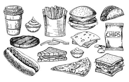 Fast food big set. Junk Food vector illustration sketch set. Fast food restaurant menu items. Hamburger, hot dog, sandwich, snacks, pizza, french fries, sauceのイラスト素材