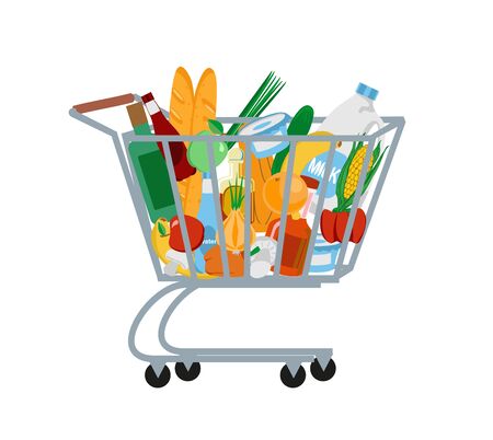 Supermarket shopping cart. Shopping trolley full of food. Vector illustration.のイラスト素材