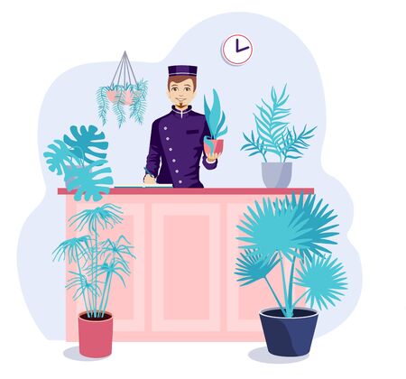 Hotel for plants. A place where you can leave indoor plants when leaving home, traveling. Care for indoor plants. Place for growing herbs and flowers. Hotel for home flowers.のイラスト素材