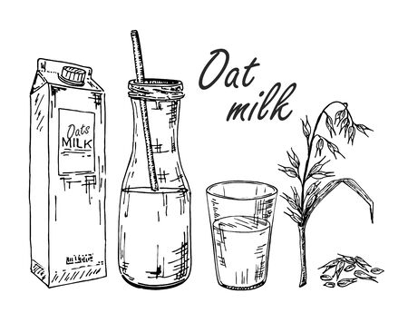 Oat milk. Vegetable milk sketch. Oat milk in a bag, in a bottle, in a glass. Ears of corn and oats. Morning drink. Healthy lifestyle. Healthy plant-based dairy drink, diet productのイラスト素材