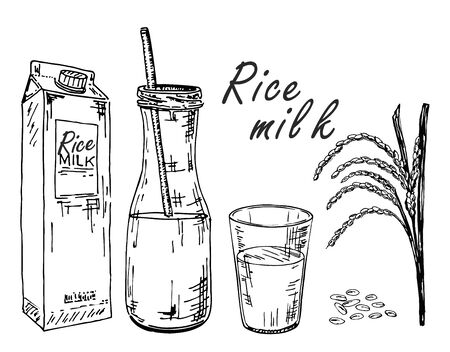 Rice milk. Vegetable milk sketch. Rice milk in a bag, in a bottle, in a glass. Spikes and rice. Morning drink. Healthy lifestyle. Healthy Vegetable Milk Drink, Diet Productのイラスト素材
