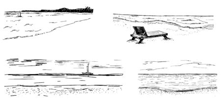 Seashore sketch set. Sea, beach. Panoramic beach view Vector illustrationのイラスト素材