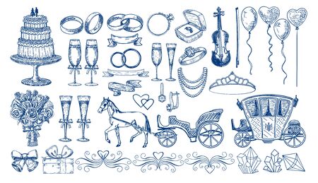 Large set of wedding elements. Sketch style. Wedding cake, wedding rings, wedding carriage with a horse. Vignettes for decoration invitationsのイラスト素材