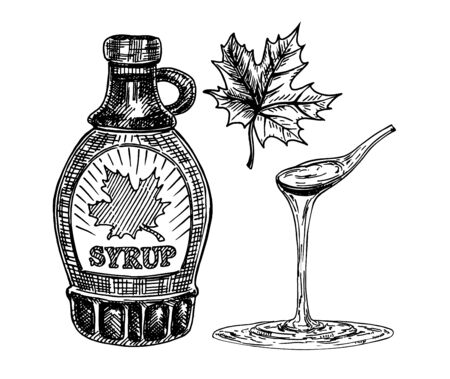 Collection of a bottle of maple syrup and maple leaves. Maple syrup dripping from a spoon. Hand drawnのイラスト素材