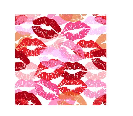 Imprints of lips, lipstick isolated on a white background. Seamless pattern. Female mouth. Print of lips kiss vector background. Different shapes of female sexy lips pattern.のイラスト素材