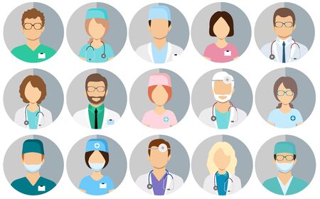 Avatar doctors. Medical staff - set of icons with doctors, surgeons, nurses and other medical practitioners.のイラスト素材