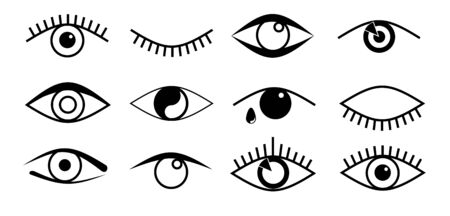 Eye icons. Open and closed eyes outline images, sleeping eye shapes with eyelash, supervision and searching signs vector illustrationのイラスト素材