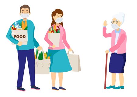 Medical masked volunteers brought food to an elderly woman. Volunteer social worker delivers grocery to old woman. Vector flat cartoon characters illustration. Taking care of older people.のイラスト素材