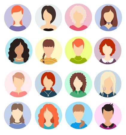 Women faceless avatars. Human anonymous portraits, woman round vector profile avatar icons, website users head pictures. Various hair hairstyles.のイラスト素材