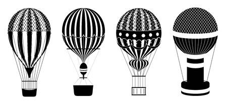 Hot air balloons or aerostats vector set. Illustration of travel flight transport. Classic hot air balloons. Black and white icons.のイラスト素材