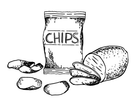 Vector hand drawn snack and junk food Illustration. Potato chips. Vintage style sketch.のイラスト素材
