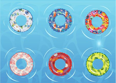 Swim rings set. Inflatable rubber toy. Top view swimming circle for ocean, sea, pool. Lifebuoy colorful collection. Swimming ring. Summertime illustrationのイラスト素材