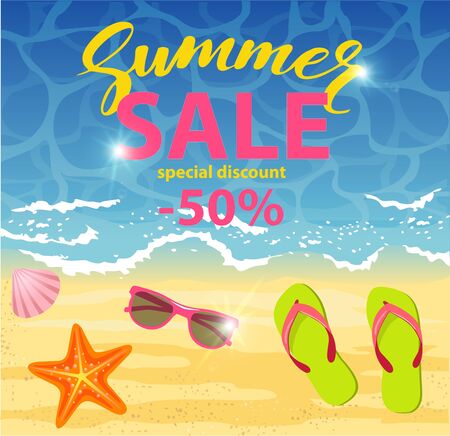 Summer sale template banner. Summer sale beautiful web banner. Vector illustration with special discount offer. Seashore, beach, sand, shells, beach accessories.のイラスト素材
