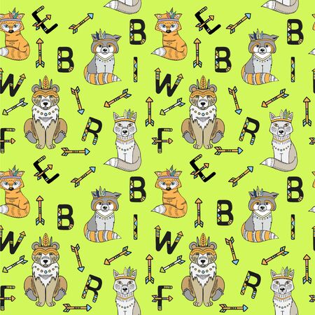 Forest tribal animal seamless pattern. Woodland forest animals seamless pattern. Boho cute animals. Hand drawn vector illustration.のイラスト素材