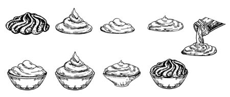 Sauce set. Soy wasabi mustard ketchup hot chili mayonnaise sauces. Various sauces in cups. Food icons sketch vector illustration isolated on white backgroundのイラスト素材