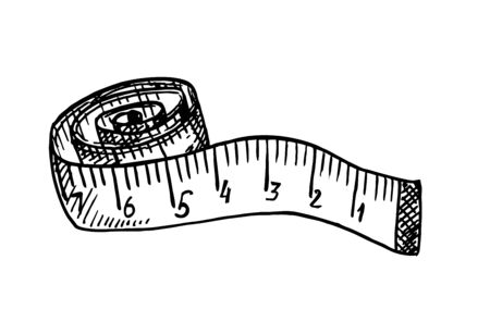 Rolled up tape measure sketch. Measuring tape. Sewing craft attribute, dressmaking workshop equipment. Diet, weight loss symbol. Length, size measurement tool. Professional tailor instrumentのイラスト素材