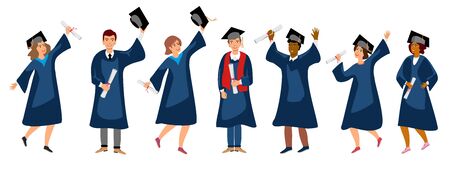 Student graduation set vector illustration. Adult education, male and female graduates concept. happy students at different nations.のイラスト素材