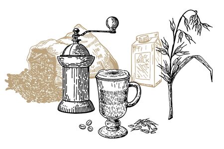 Latte with oat milk. Coffee with vegetable milk, vegetarian food. Wineglass of vegan coffee latte using organic oat milk.のイラスト素材