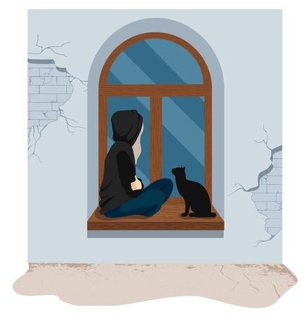 Sad and depressed girl sitting on on the windowsill with her cat. Sad teenager. Depressed woman and cat. flat vector illustration.のイラスト素材