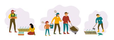 People gardening. Woman planting seedlings, agriculture gardener hobby and garden job. Gardening person, family of farmers. Flat vector illustration isolated icons set.のイラスト素材
