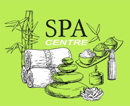 Vector spa treatment accessories banners withwith bamboo, massage stones and skin care products. Design for natural cosmetics, beauty store, spa and beauty salon, organic health care products.のイラスト素材