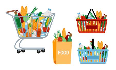 Grocery food basket. Eco shopping bags and baskets with food. Vector supermarket illustration. Supermarket shopping cart in flat style with food.のイラスト素材