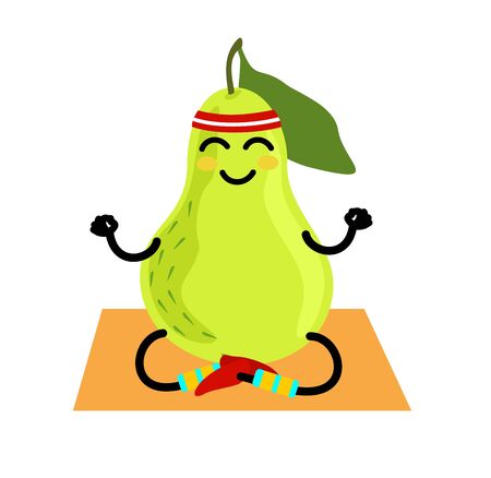 Healthy pear cartoon character in yoga position. Eating healthy. Isolated illustration on a white background. Healthy, sportive lifestyle concept. Relaxation, meditationのイラスト素材