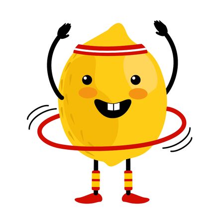 Cute lemon cartoon character doing exercises with  hoop. Eating healthy. Isolated illustration on a white background. Healthy, sportive lifestyle conceptのイラスト素材