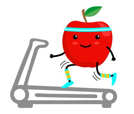 Healthy red apple cartoon character running on a treadmill. Eating healthy. Isolated illustration on a white background. Healthy, sportive lifestyle conceptのイラスト素材