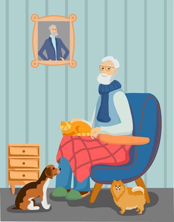 Old man and pets. Grandfather with different puppies and cat. Dog and cat owner. Dog and cat owner. Vector illustration.のイラスト素材