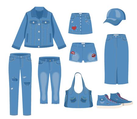 Jeans clothing set. Trendy fashion ripped denim casual clothes vector illustration. Jeans garments models isolated on white background. Jeans, denim skirts, shorts, jacket, sneakers, bag. Blue jeans.のイラスト素材