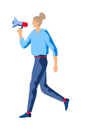 Woman with megaphone. Speaker holding a megaphone. Promoter advertising using a speaker. Business woman speaking into megaphone. Social media marketing concept. Vector cartoon illustrationのイラスト素材