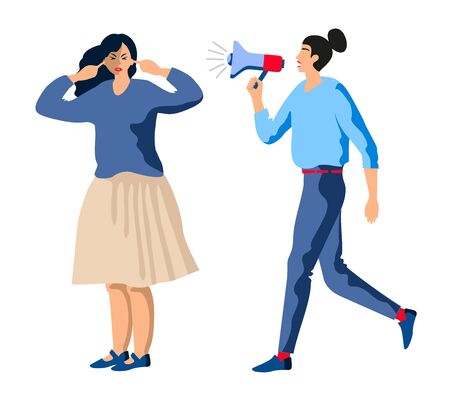 Woman with megaphone. Aggressive management vector illustration. Business Woman pressure on employee, disrespect and humiliation. Psychological pressure on a person.のイラスト素材