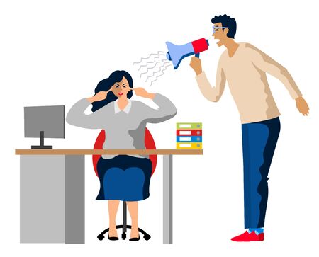Screamind boss. Businessman with megaphone. Manager screaming at employee with bullhorn. Tired worker, female negative business vector characterのイラスト素材