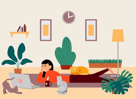 Stay at home. Young woman lies on the floor and looking at laptop. A woman and her pets. Vector illustration. Concept for self-isolation during quarantine and other use.のイラスト素材